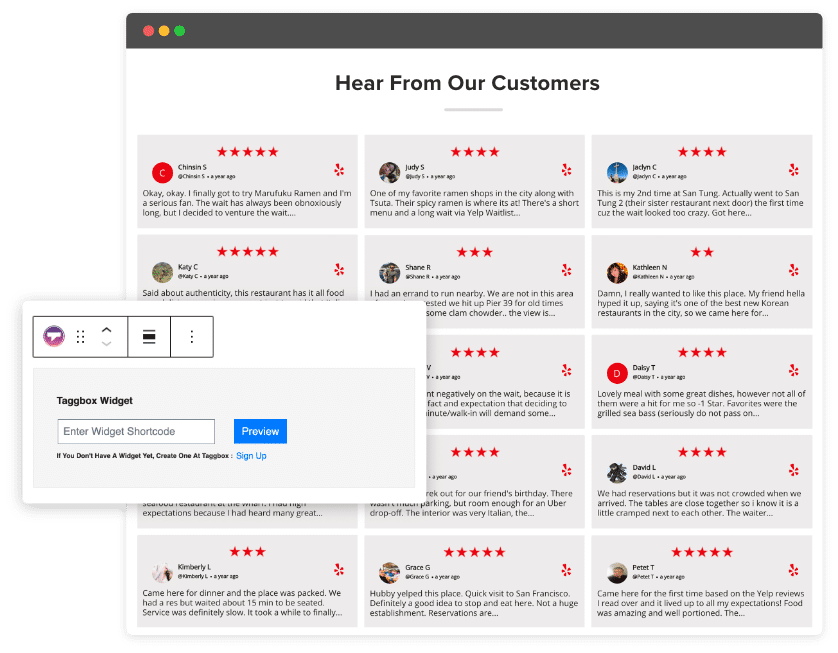 Taggbox yelp reviews widget on wordpress