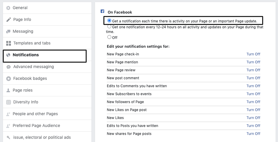 Turn on Facebook reviews notifications