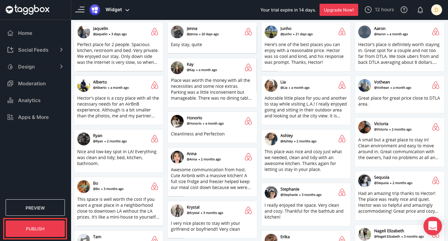 Airbnb reviews widget on website