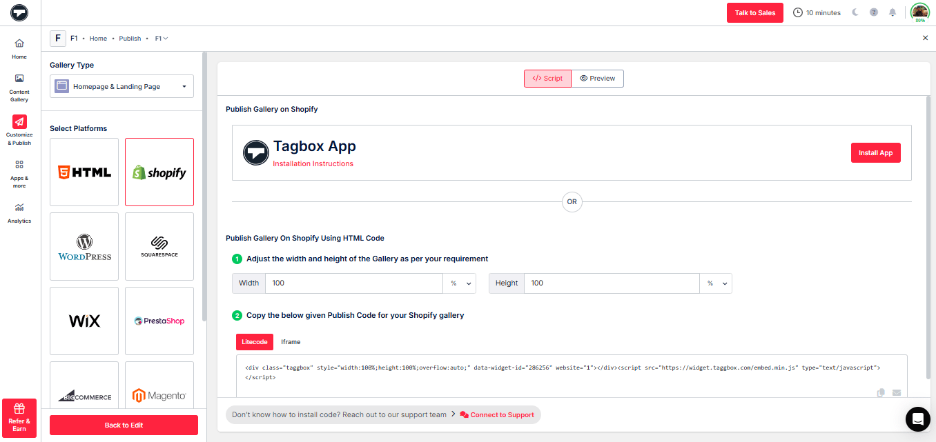 Publish code into the HTML of your Shopify webpage