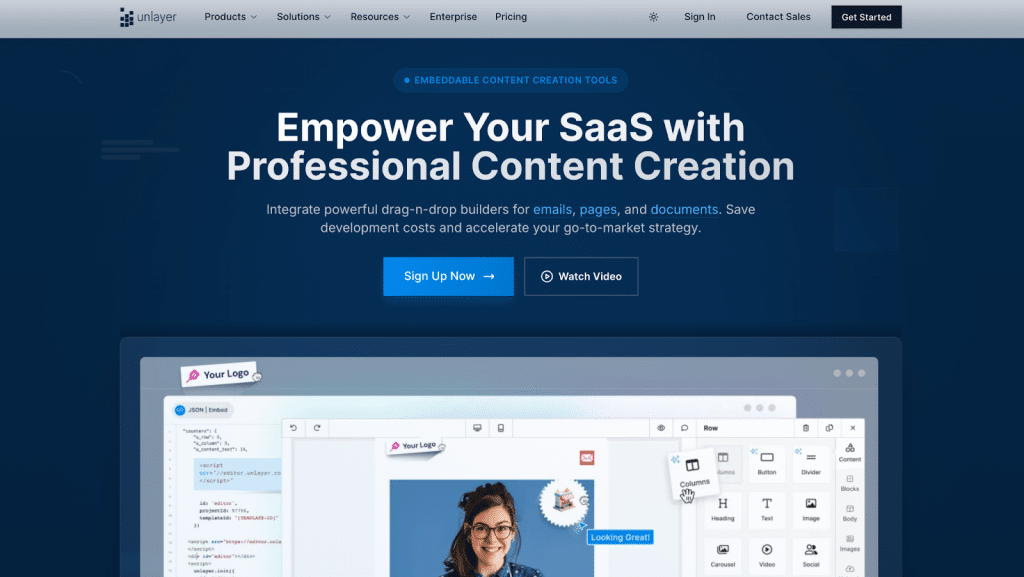 Unlayer editor’s homepage
