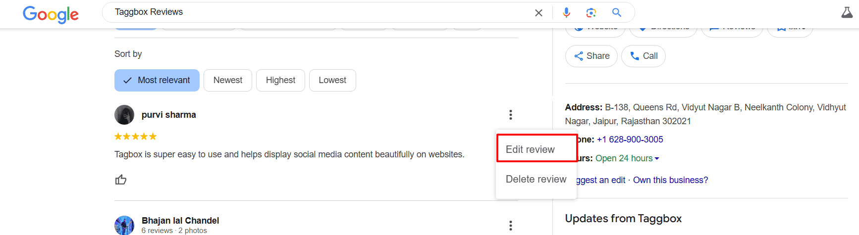 edit review on Google