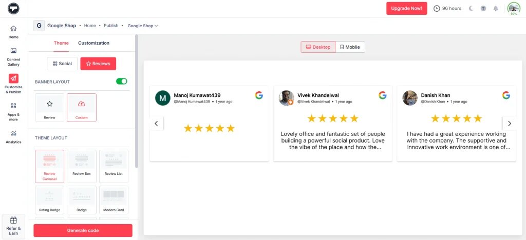 customize the google review gallery