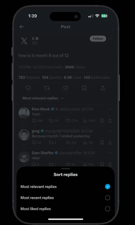 reply sorting feature