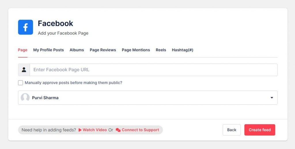 connection type to add a facebook feed