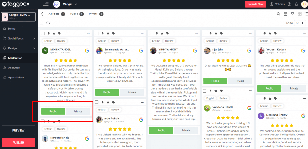 make your reviews public or privaye