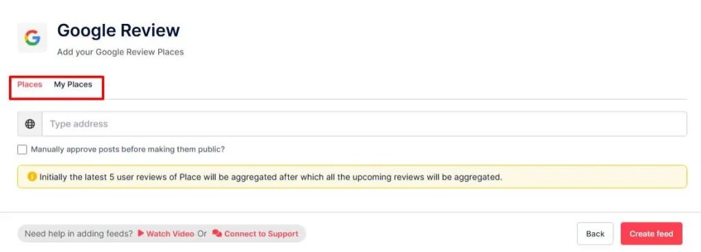 select connection type to add googl reviews