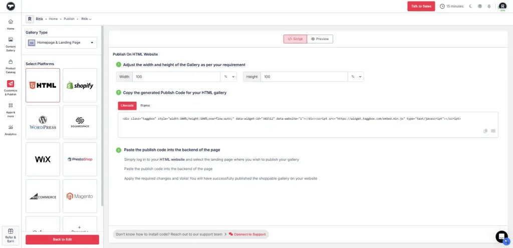 copy code to embed social media feed to shopify