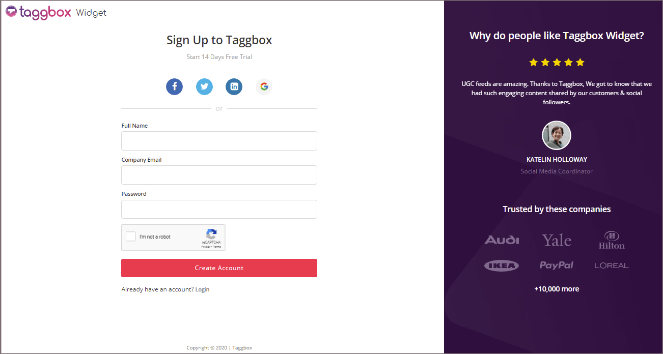 Taggbox Social widget Dashboard