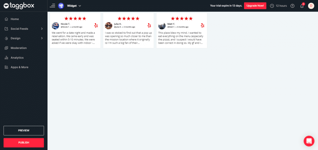Preview & Publish Yelp reviews widget