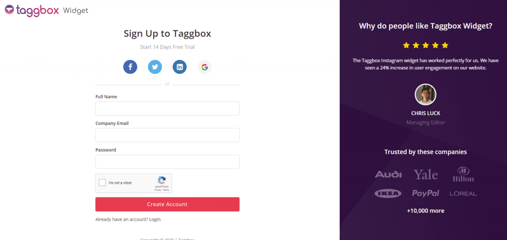 Signup & Login to Taggbox Widget