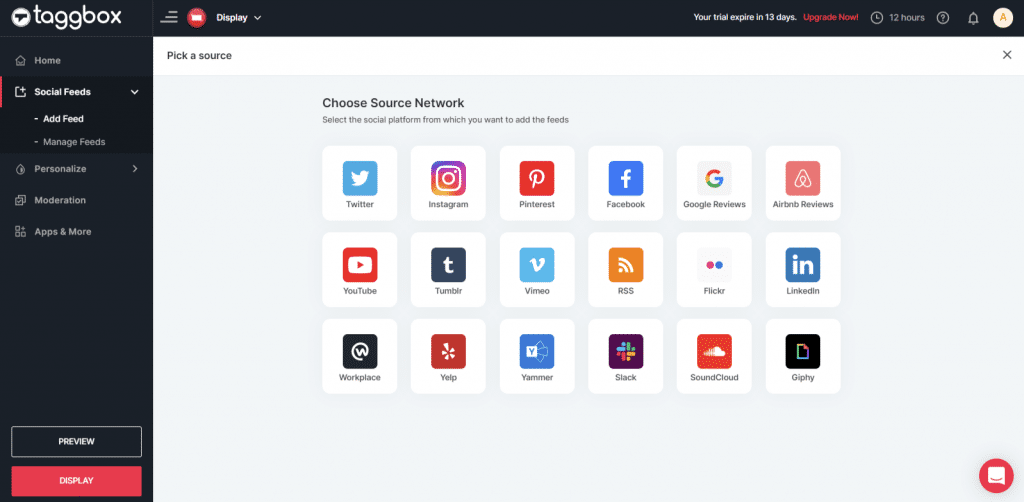 Choose Source Network to add feed 