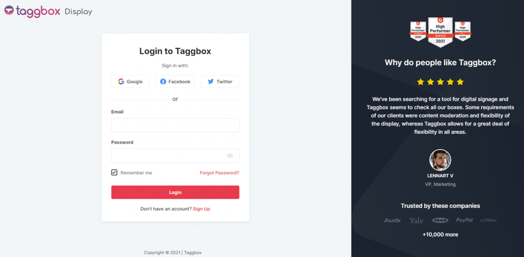Taggbox Display Login